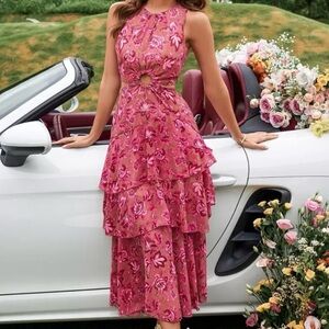 Pink Floral Tiered Halter Maxi Dress with Cutout